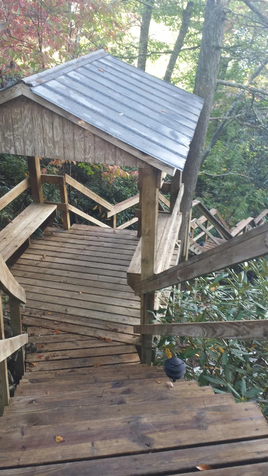 Metal roofed shelter over wooden steps on a wooded walkway — Skylight Repair & Installation work by our crew in Polk City